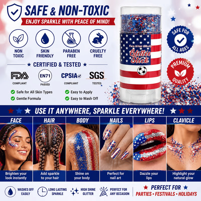 🔥 Last Day: 70% Off 4th of July Glitter Stick | Red, White & Blue Hair & Body Glitter